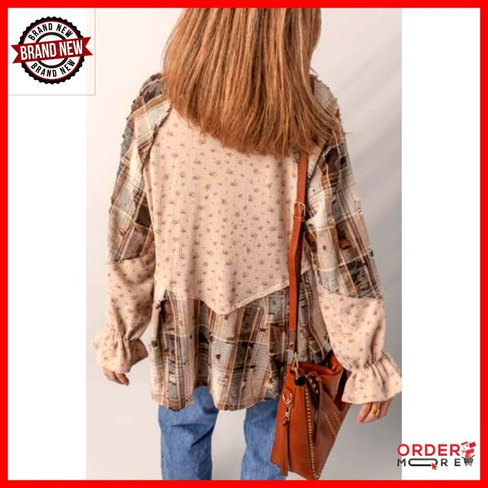 Waffle Knit Button Down Shacket Ruffled Sleeve Loose Fit Boho Floral Plaid - Picture 2 of 5